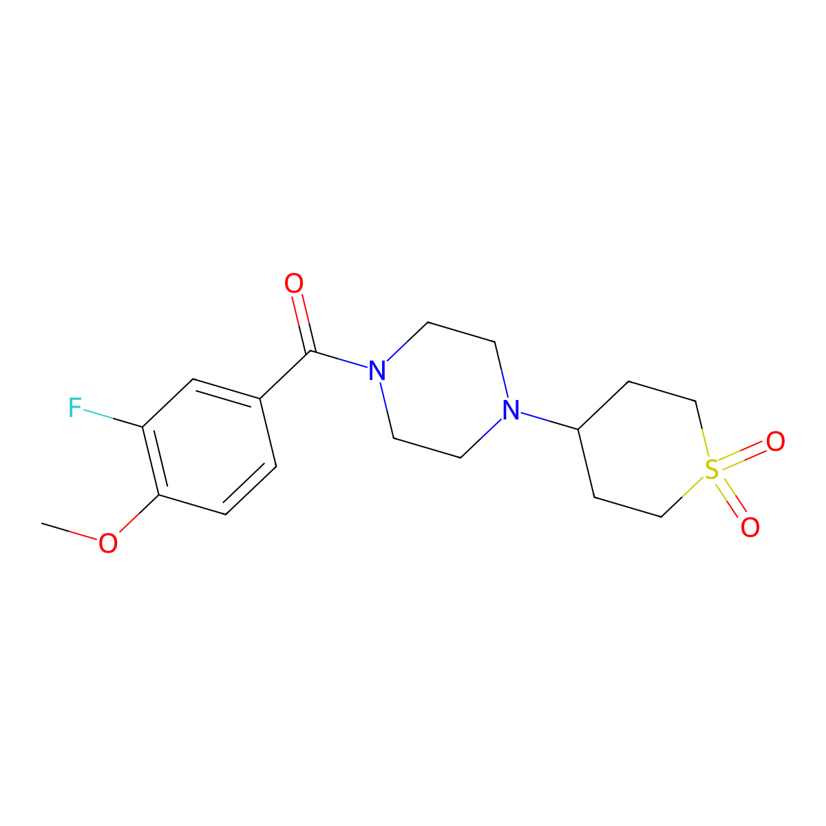 (4-(1,1-dioxidotetrahydro-2H-thiopyran-4-yl)piperazin-1-yl)(3-fluoro-4-methoxyphenyl)methanone molecular structure, CAS 2034459-53-3