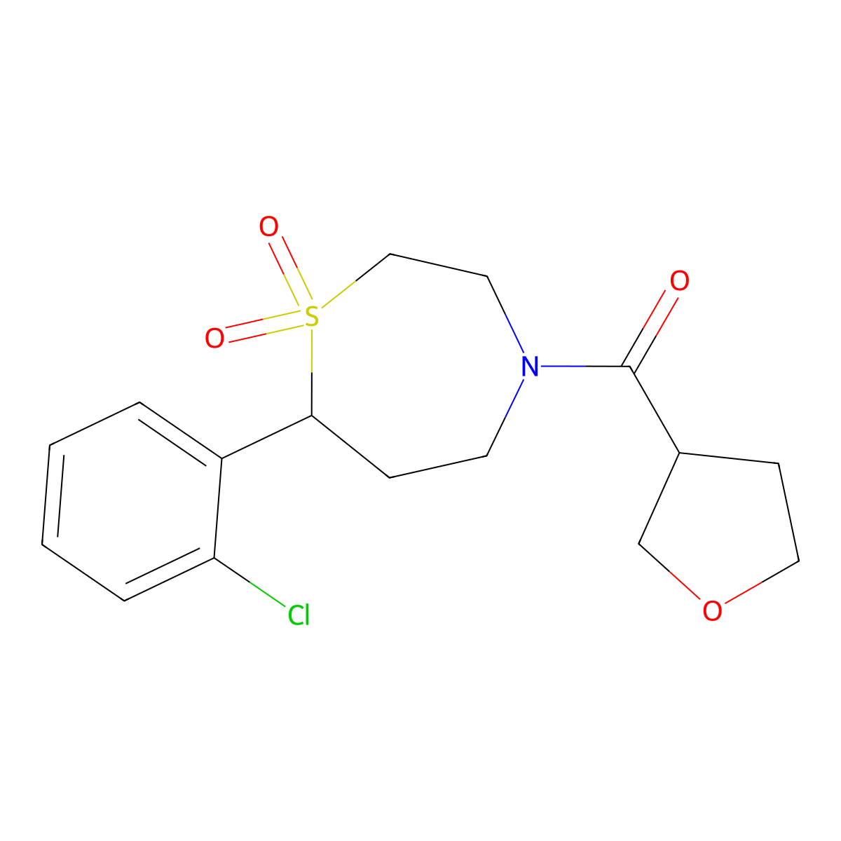 (7-(2-Chlorophenyl)-1,1-dioxido-1,4-thiazepan-4-yl)(tetrahydrofuran-3-yl)methanone molecular structure, CAS 2034459-58-8