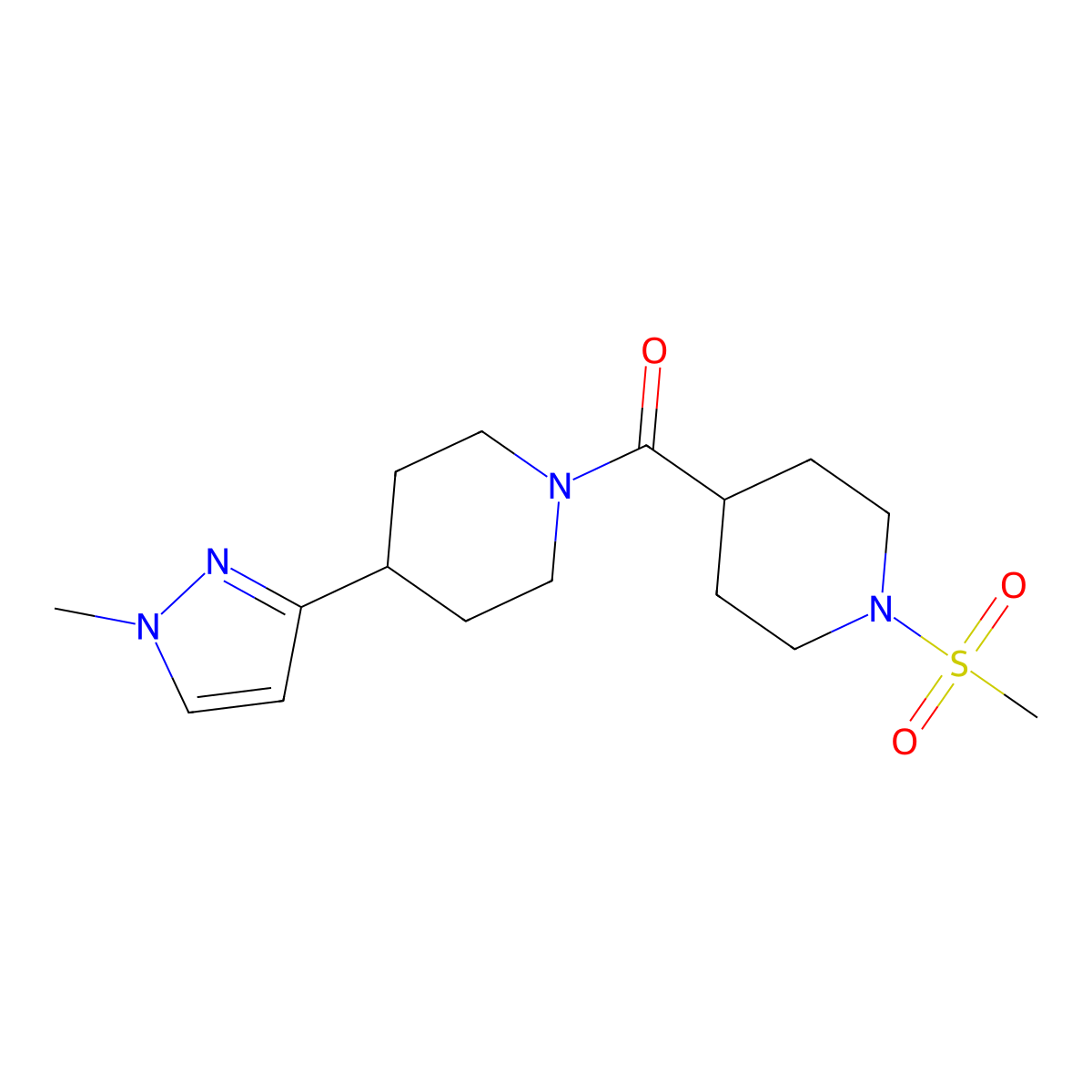 (4-(1-methyl-1H-pyrazol-3-yl)piperidin-1-yl)(1-(methylsulfonyl)piperidin-4-yl)methanone molecular structure, CAS 2034459-59-9