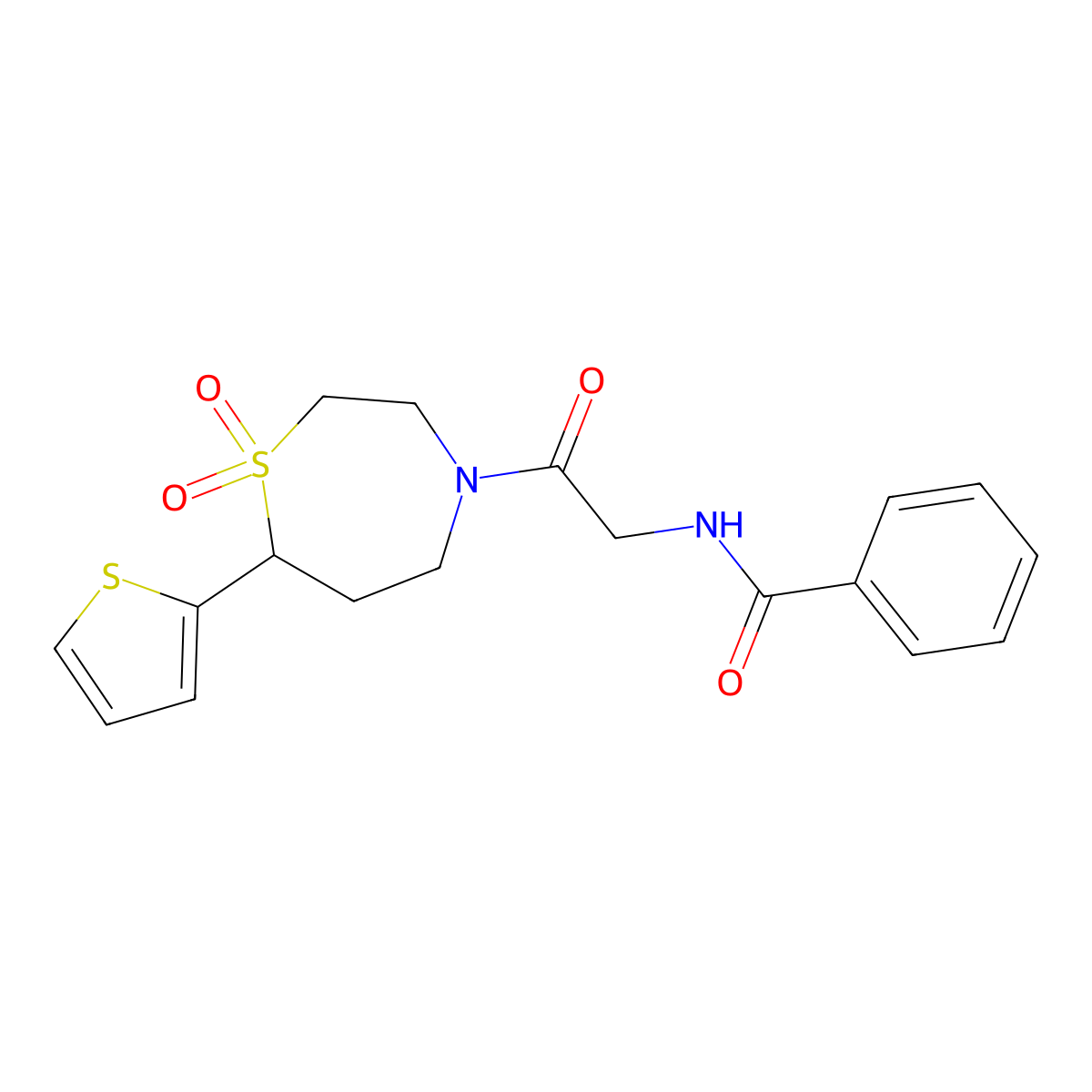 N-(2-(1,1-dioxido-7-(thiophen-2-yl)-1,4-thiazepan-4-yl)-2-oxoethyl)benzamide molecular structure, CAS 2034459-63-5