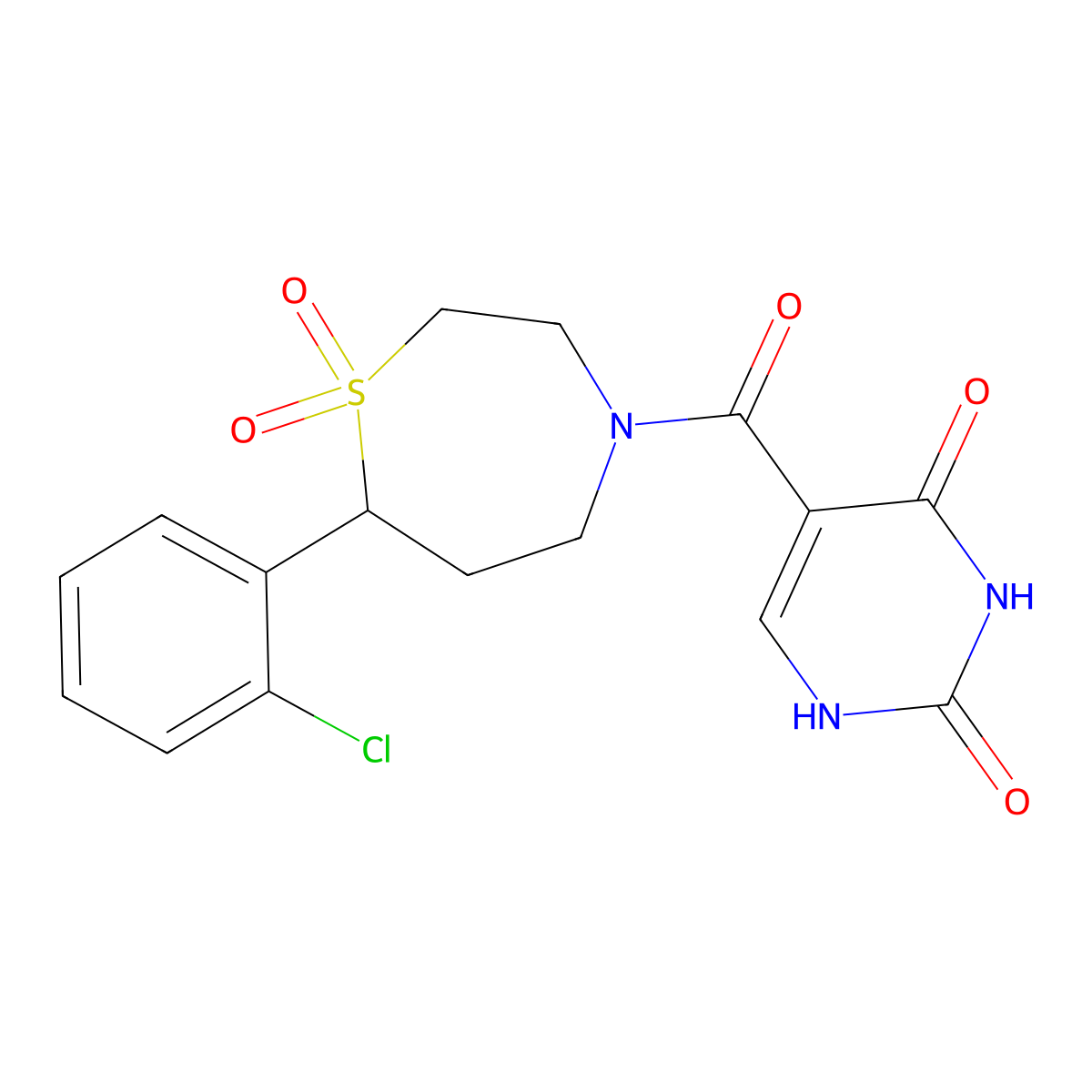 5-(7-(2-chlorophenyl)-1,1-dioxido-1,4-thiazepane-4-carbonyl)pyrimidine-2,4(1H,3H)-dione molecular structure, CAS 2034459-67-9