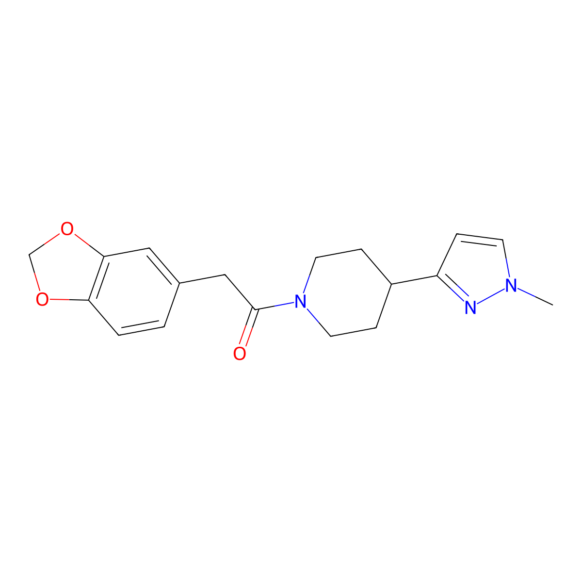 2-(2H-1,3-benzodioxol-5-yl)-1-[4-(1-methyl-1H-pyrazol-3-yl)piperidin-1-yl]ethan-1-one molecular structure, CAS 2034459-72-6