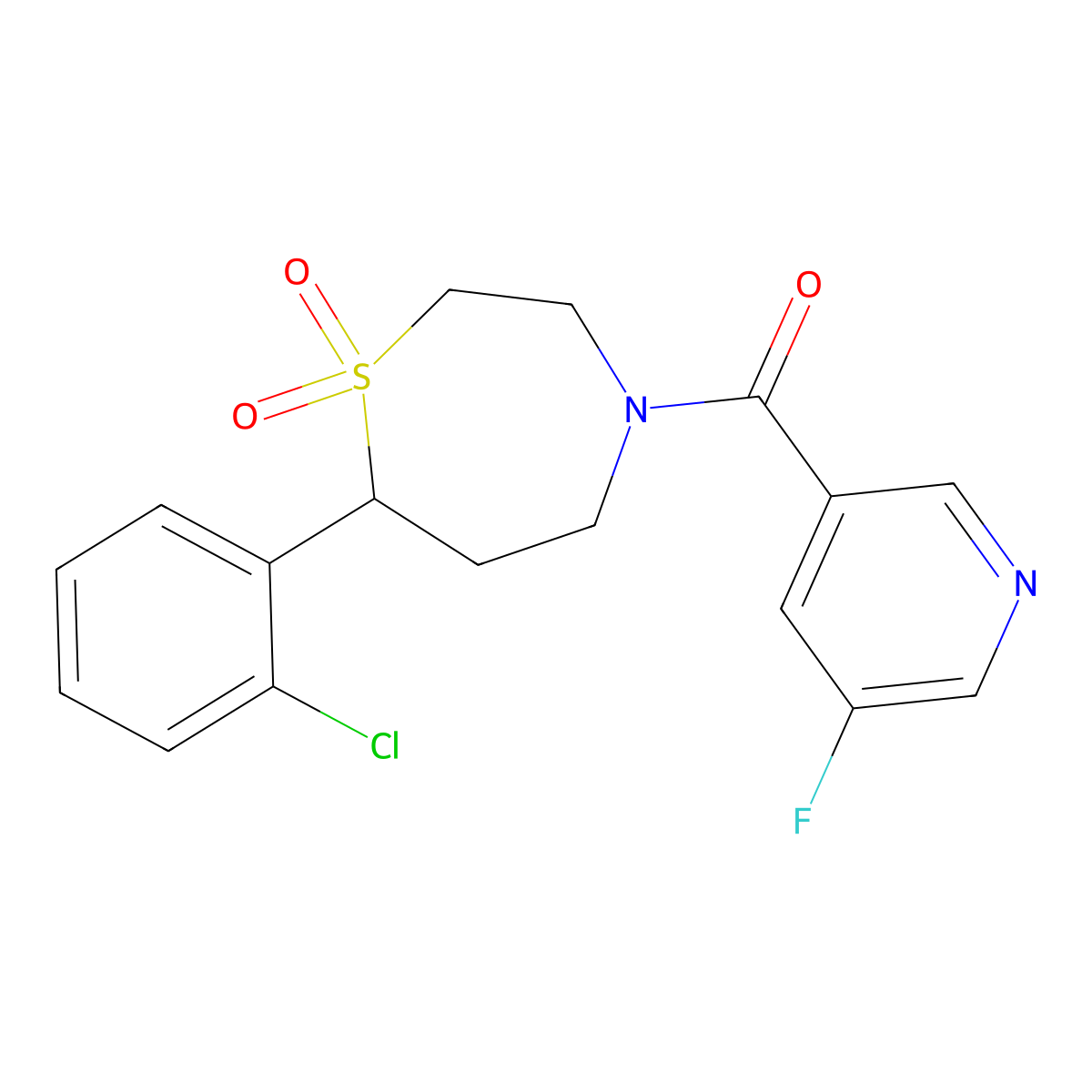 (7-(2-Chlorophenyl)-1,1-dioxido-1,4-thiazepan-4-yl)(5-fluoropyridin-3-yl)methanone molecular structure, CAS 2034459-73-7