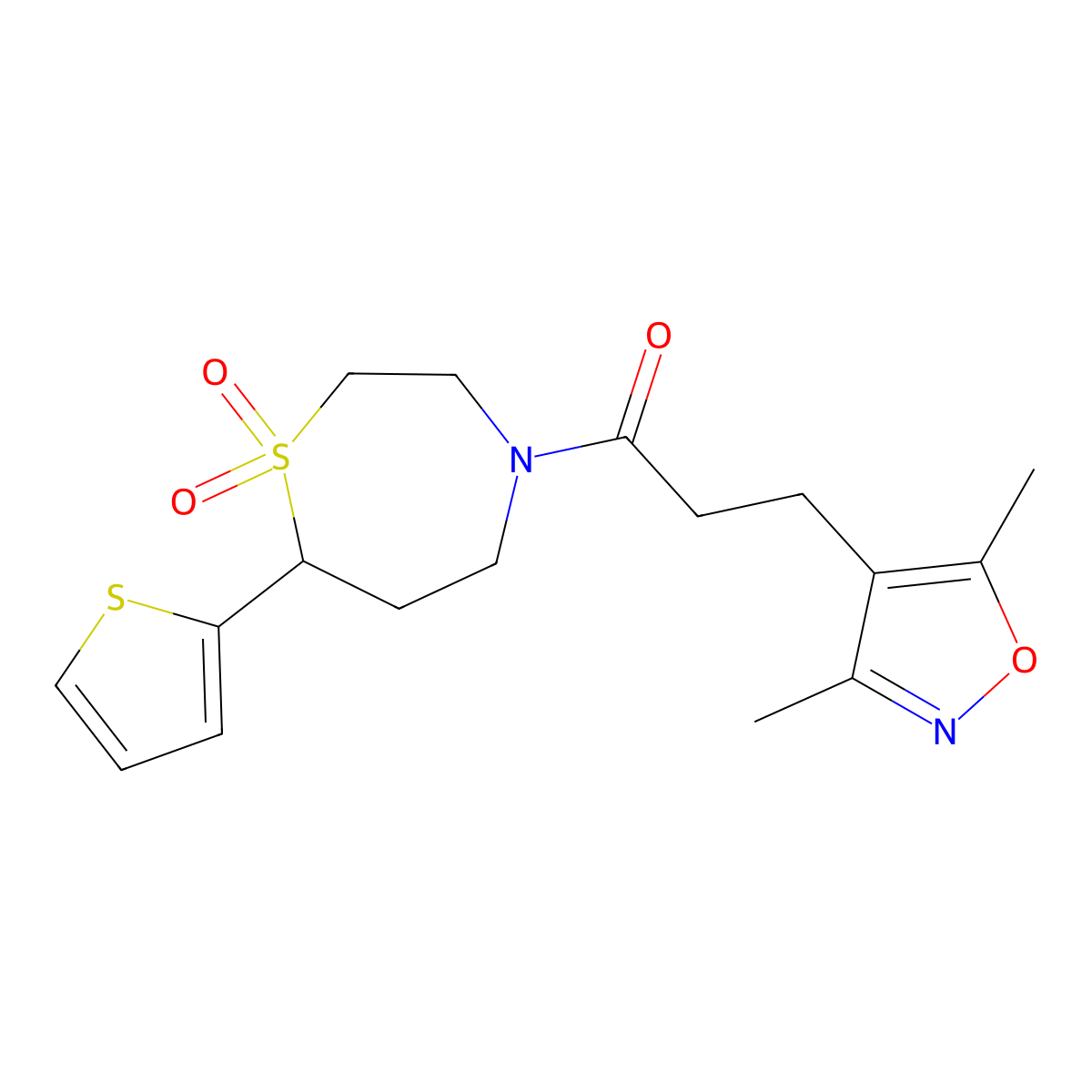 3-(3,5-Dimethylisoxazol-4-yl)-1-(1,1-dioxido-7-(thiophen-2-yl)-1,4-thiazepan-4-yl)propan-1-one molecular structure, CAS 2034459-76-0