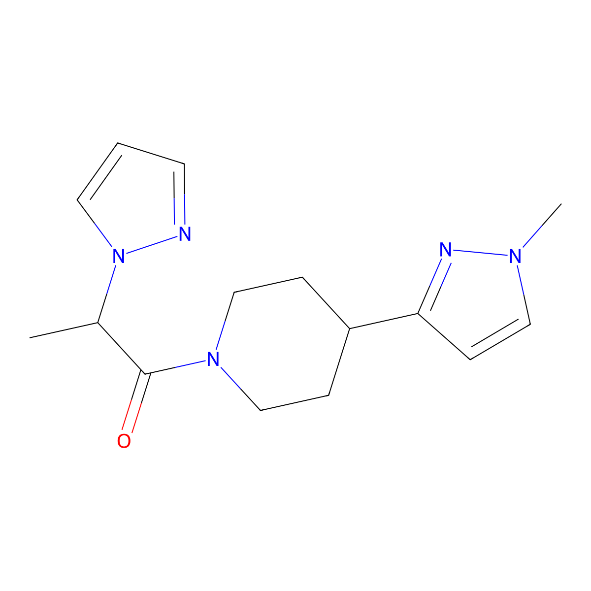 1-[4-(1-methyl-1H-pyrazol-3-yl)piperidin-1-yl]-2-(1H-pyrazol-1-yl)propan-1-one molecular structure, CAS 2034459-78-2
