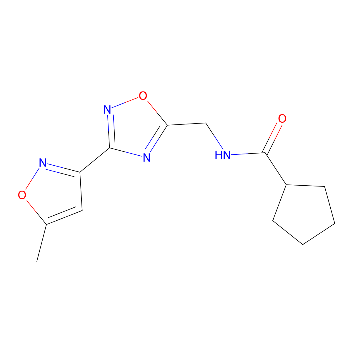 N-((3-(5-methylisoxazol-3-yl)-1,2,4-oxadiazol-5-yl)methyl)cyclopentanecarboxamide molecular structure, CAS 2034459-81-7