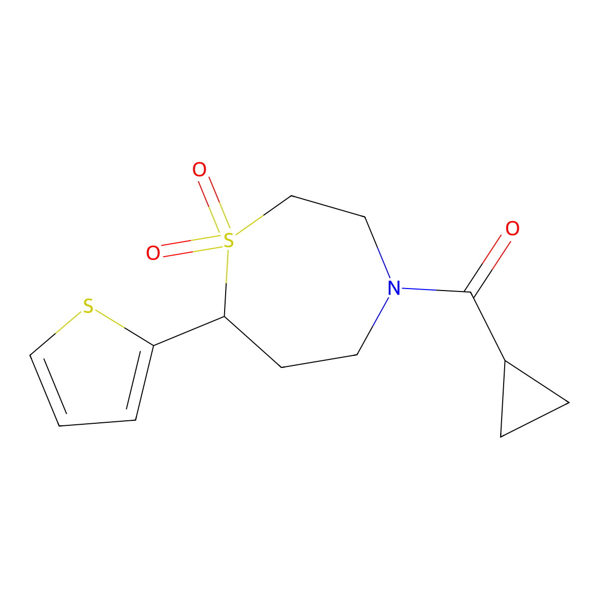 Cyclopropyl(1,1-dioxido-7-(thiophen-2-yl)-1,4-thiazepan-4-yl)methanone molecular structure, CAS 2034459-83-9