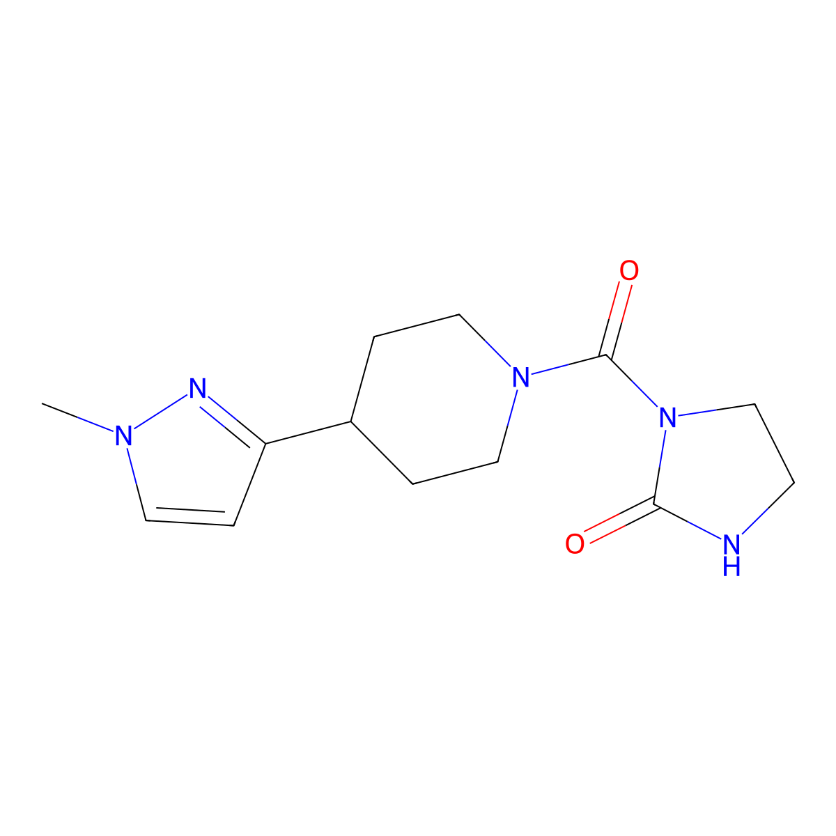 1-(4-(1-methyl-1H-pyrazol-3-yl)piperidine-1-carbonyl)imidazolidin-2-one molecular structure, CAS 2034459-87-3