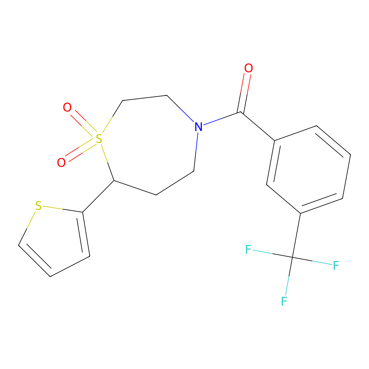 (1,1-Dioxido-7-(thiophen-2-yl)-1,4-thiazepan-4-yl)(3-(trifluoromethyl)phenyl)methanone molecular structure, CAS 2034459-90-8