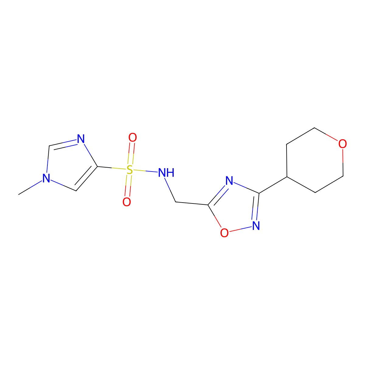 1-methyl-N-((3-(tetrahydro-2H-pyran-4-yl)-1,2,4-oxadiazol-5-yl)methyl)-1H-imidazole-4-sulfonamide molecular structure, CAS 2034459-95-3