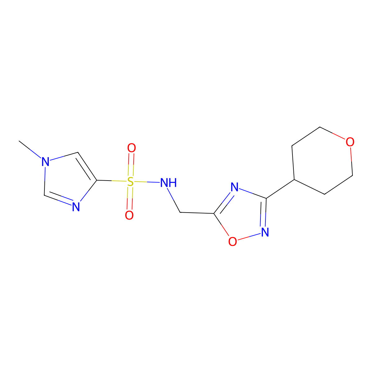1-methyl-N-((3-(tetrahydro-2H-pyran-4-yl)-1,2,4-oxadiazol-5-yl)methyl)-1H-imidazole-4-sulfonamide molecular structure, CAS 2034459-95-3