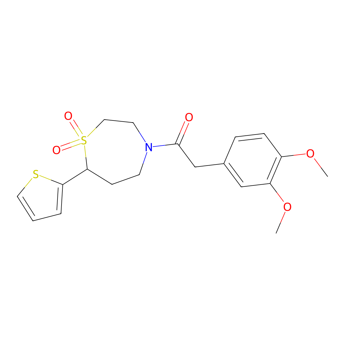 2-(3,4-Dimethoxyphenyl)-1-(1,1-dioxido-7-(thiophen-2-yl)-1,4-thiazepan-4-yl)ethanone molecular structure, CAS 2034459-96-4
