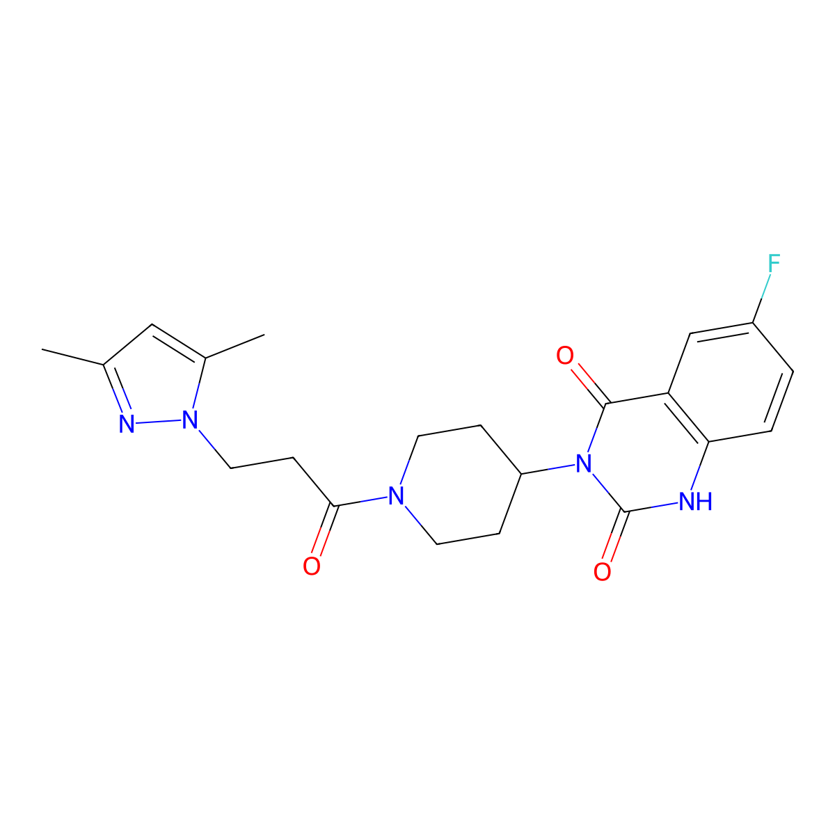 3-(1-(3-(3,5-dimethyl-1H-pyrazol-1-yl)propanoyl)piperidin-4-yl)-6-fluoroquinazoline-2,4(1H,3H)-dione molecular structure, CAS 2034459-99-7
