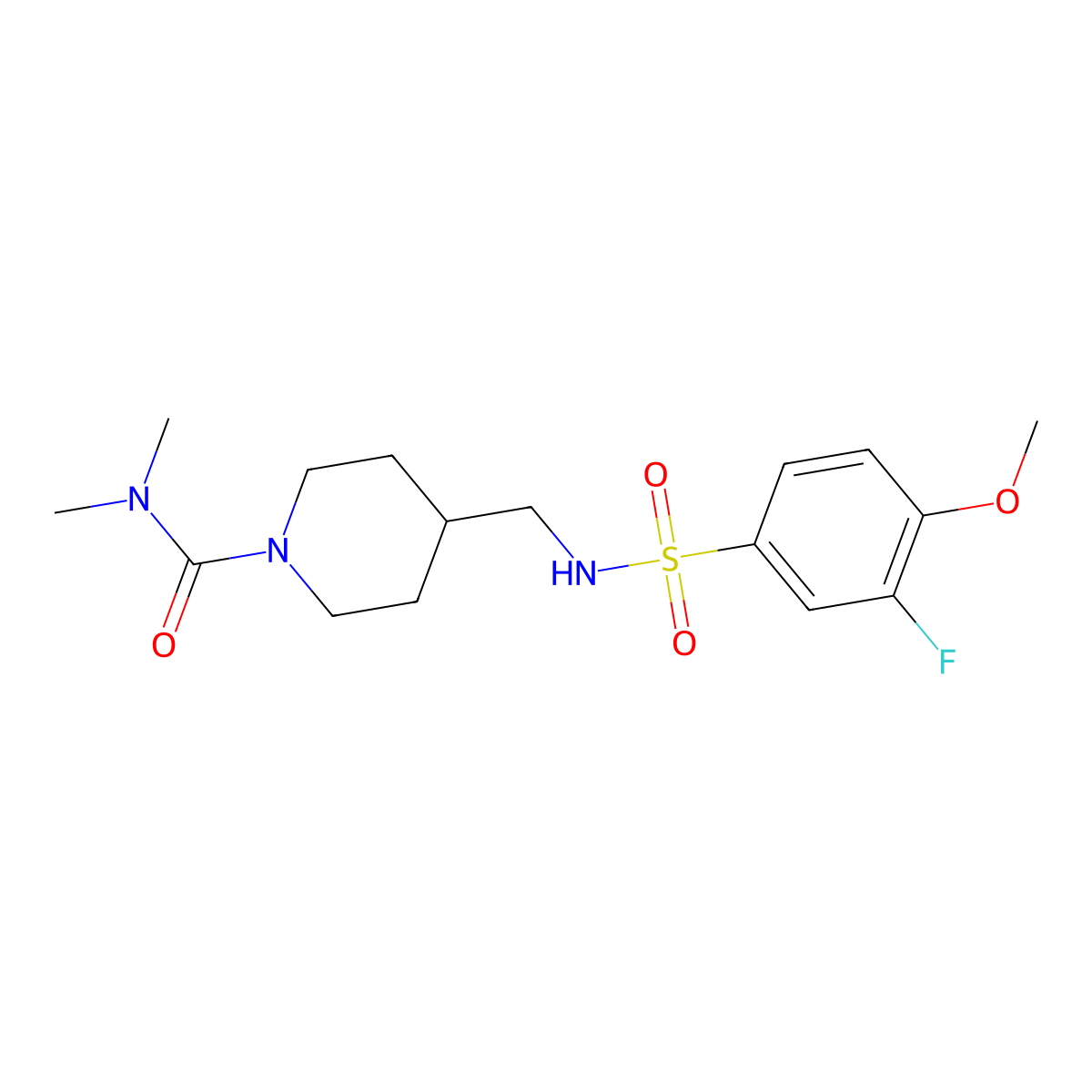 4-((3-fluoro-4-methoxyphenylsulfonamido)methyl)-N,N-dimethylpiperidine-1-carboxamide molecular structure, CAS 2034460-09-6