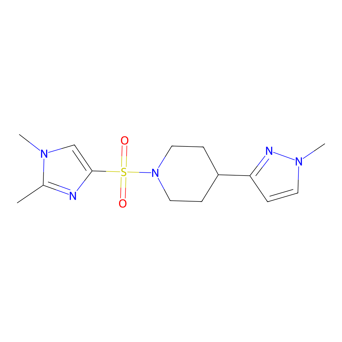 1-((1,2-dimethyl-1H-imidazol-4-yl)sulfonyl)-4-(1-methyl-1H-pyrazol-3-yl)piperidine molecular structure, CAS 2034460-13-2