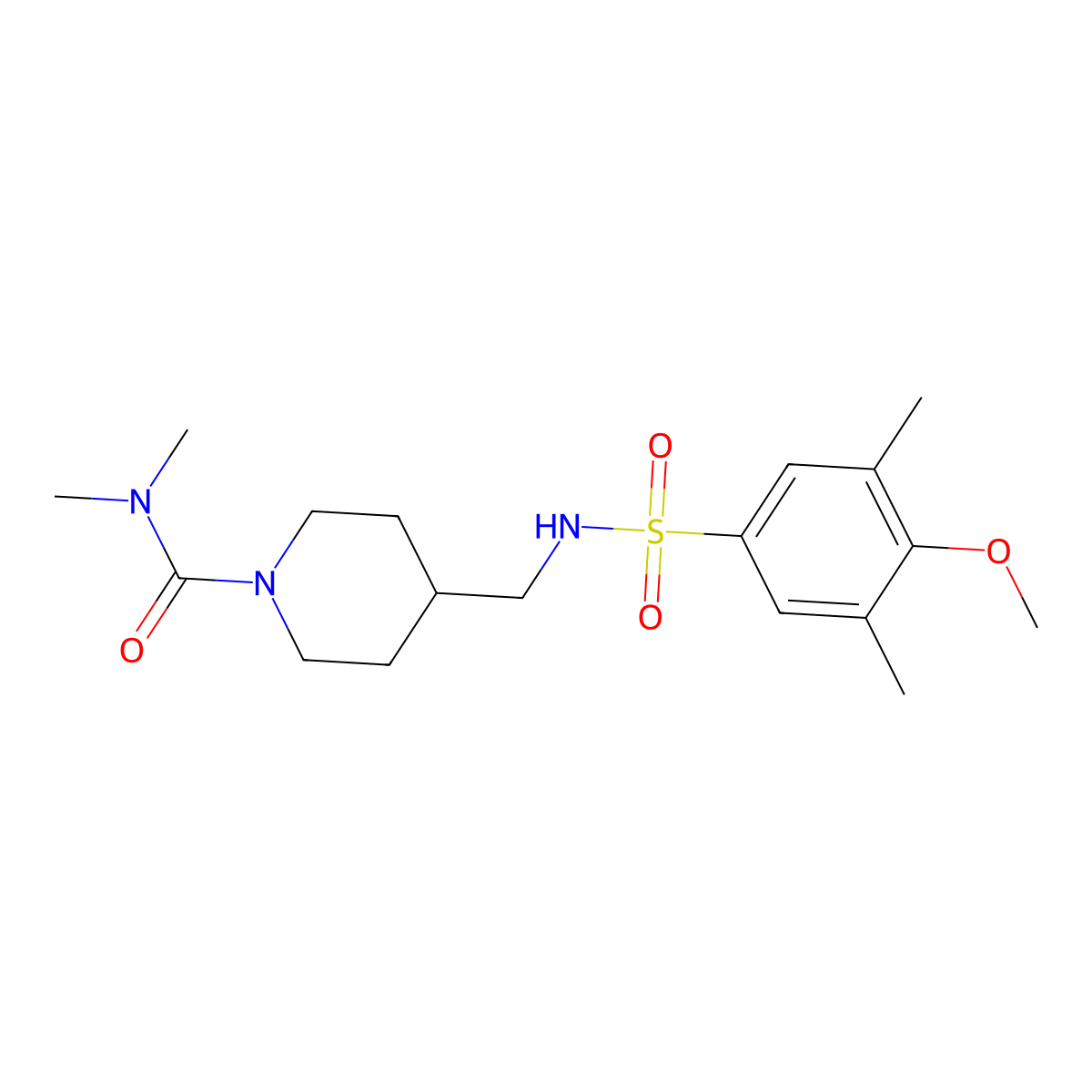 4-[(4-methoxy-3,5-dimethylbenzenesulfonamido)methyl]-N,N-dimethylpiperidine-1-carboxamide molecular structure, CAS 2034460-18-7
