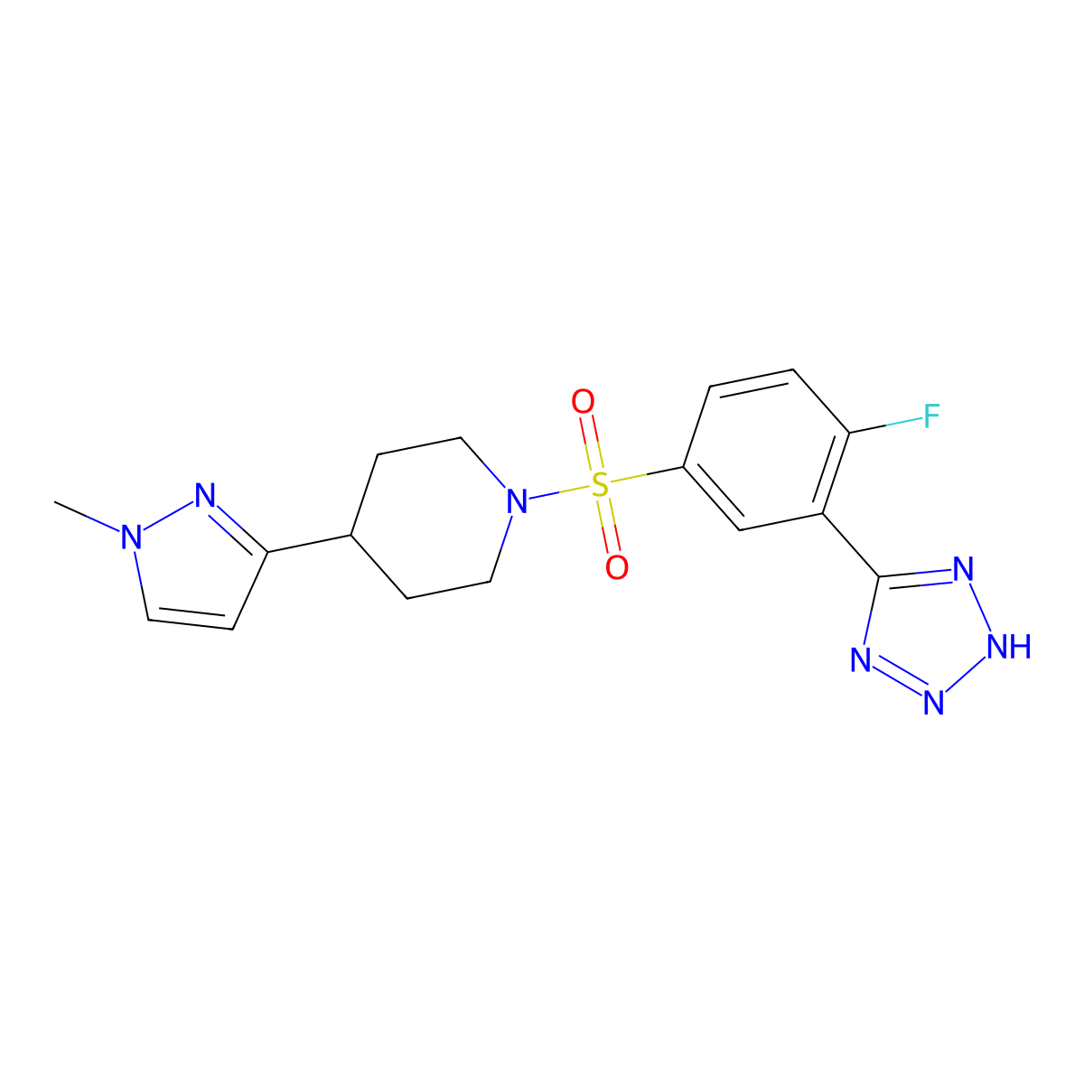 1-((4-fluoro-3-(1H-tetrazol-5-yl)phenyl)sulfonyl)-4-(1-methyl-1H-pyrazol-3-yl)piperidine molecular structure, CAS 2034460-20-1