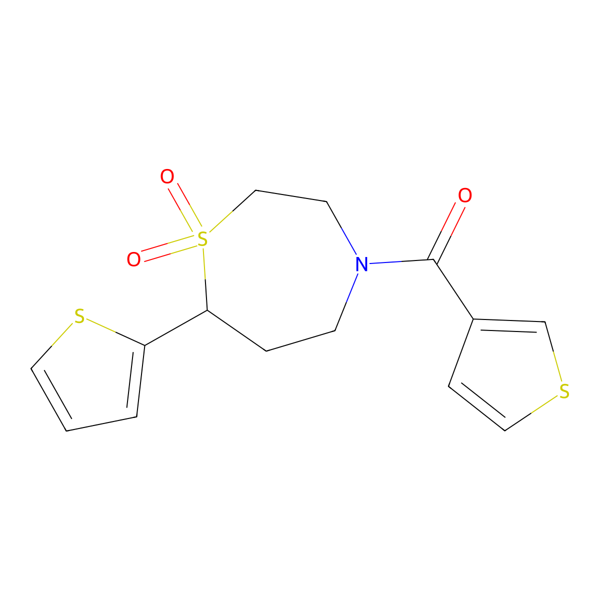 (1,1-Dioxido-7-(thiophen-2-yl)-1,4-thiazepan-4-yl)(thiophen-3-yl)methanone molecular structure, CAS 2034460-29-0