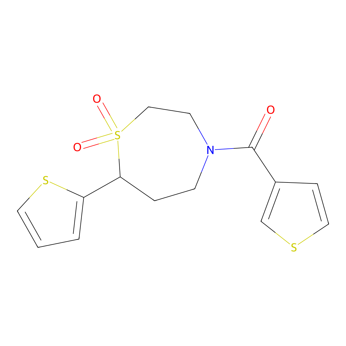 (1,1-Dioxido-7-(thiophen-2-yl)-1,4-thiazepan-4-yl)(thiophen-3-yl)methanone molecular structure, CAS 2034460-29-0
