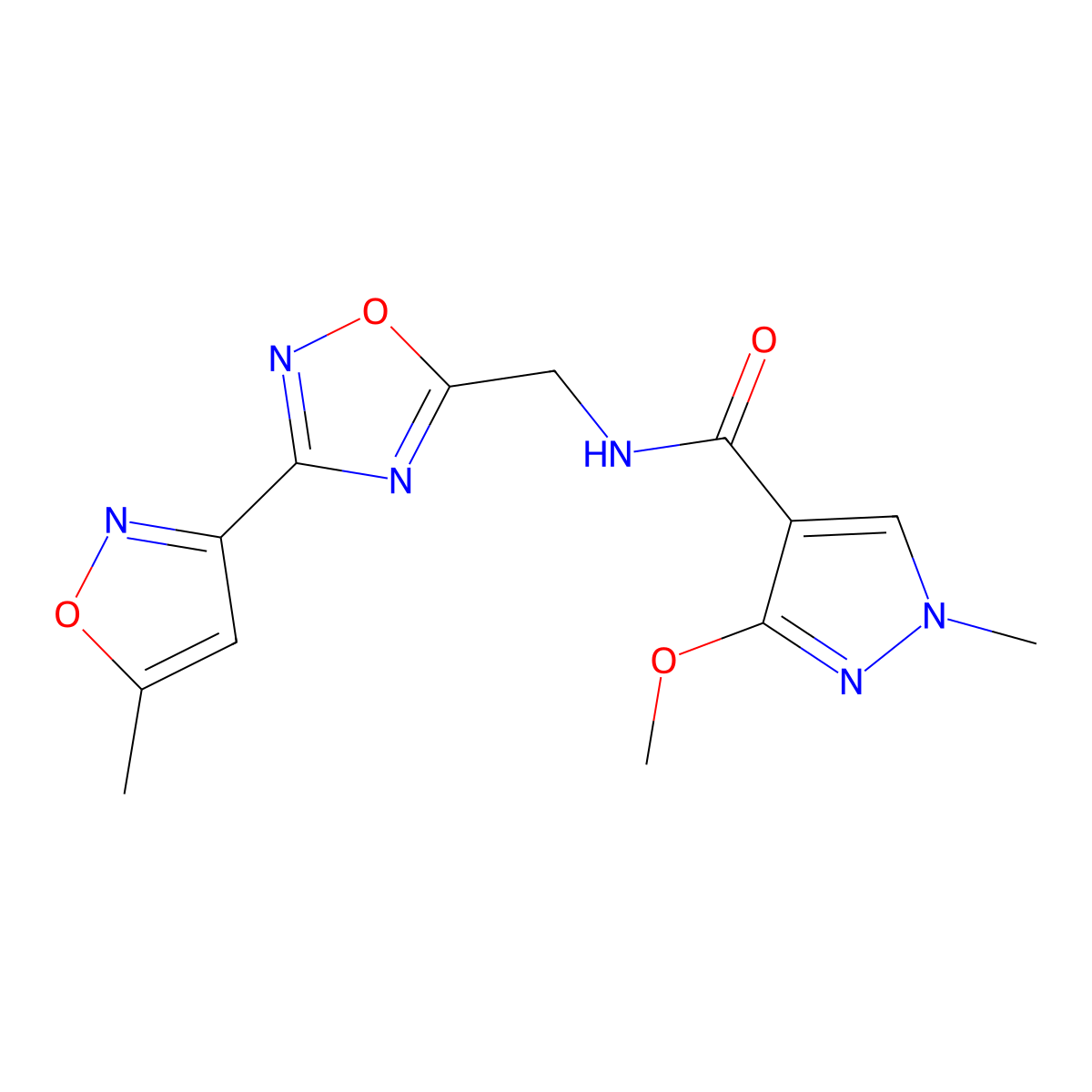 3-methoxy-1-methyl-N-((3-(5-methylisoxazol-3-yl)-1,2,4-oxadiazol-5-yl)methyl)-1H-pyrazole-4-carboxamide molecular structure, CAS 2034460-35-8