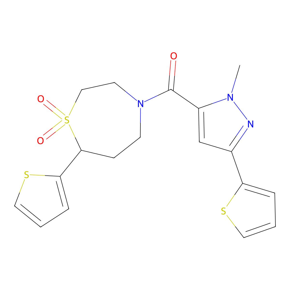 (1,1-dioxido-7-(thiophen-2-yl)-1,4-thiazepan-4-yl)(1-methyl-3-(thiophen-2-yl)-1H-pyrazol-5-yl)methanone molecular structure, CAS 2034460-40-5