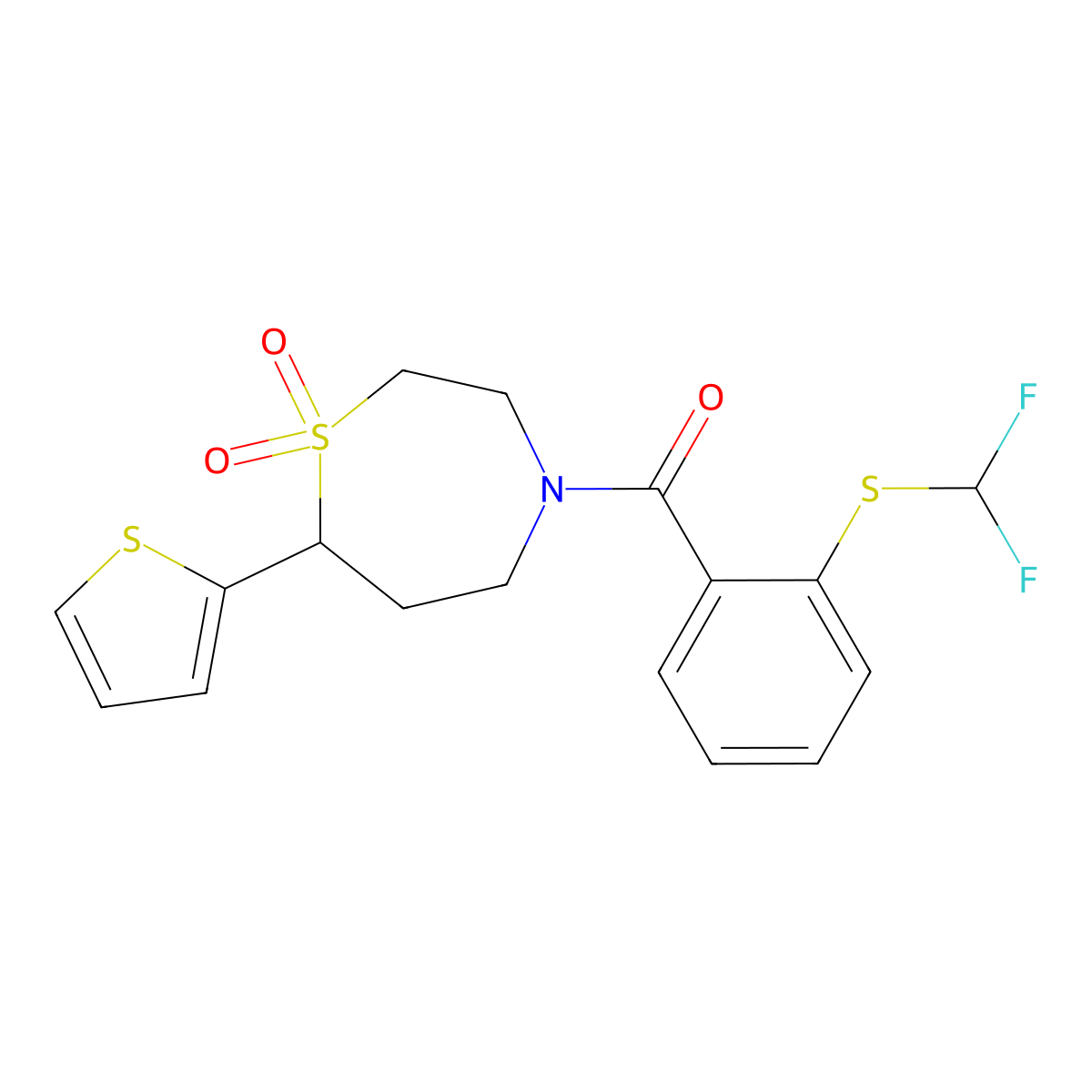 (2-((Difluoromethyl)thio)phenyl)(1,1-dioxido-7-(thiophen-2-yl)-1,4-thiazepan-4-yl)methanone molecular structure, CAS 2034460-44-9