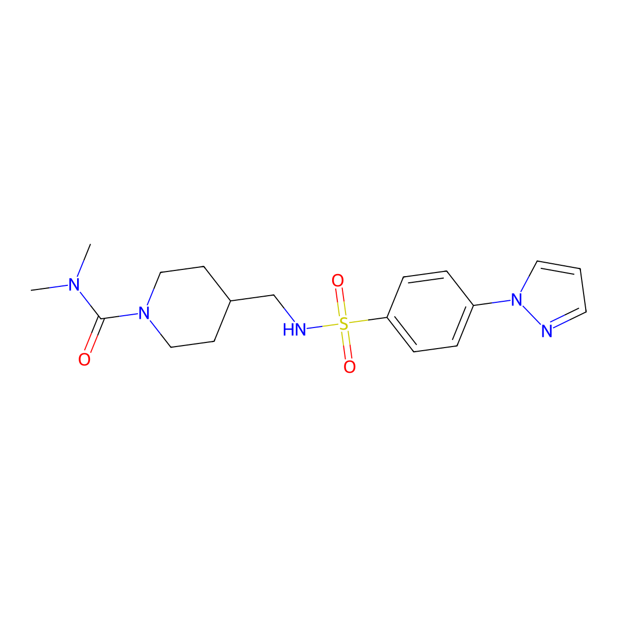 N,N-dimethyl-4-{[4-(1H-pyrazol-1-yl)benzenesulfonamido]methyl}piperidine-1-carboxamide molecular structure, CAS 2034460-48-3
