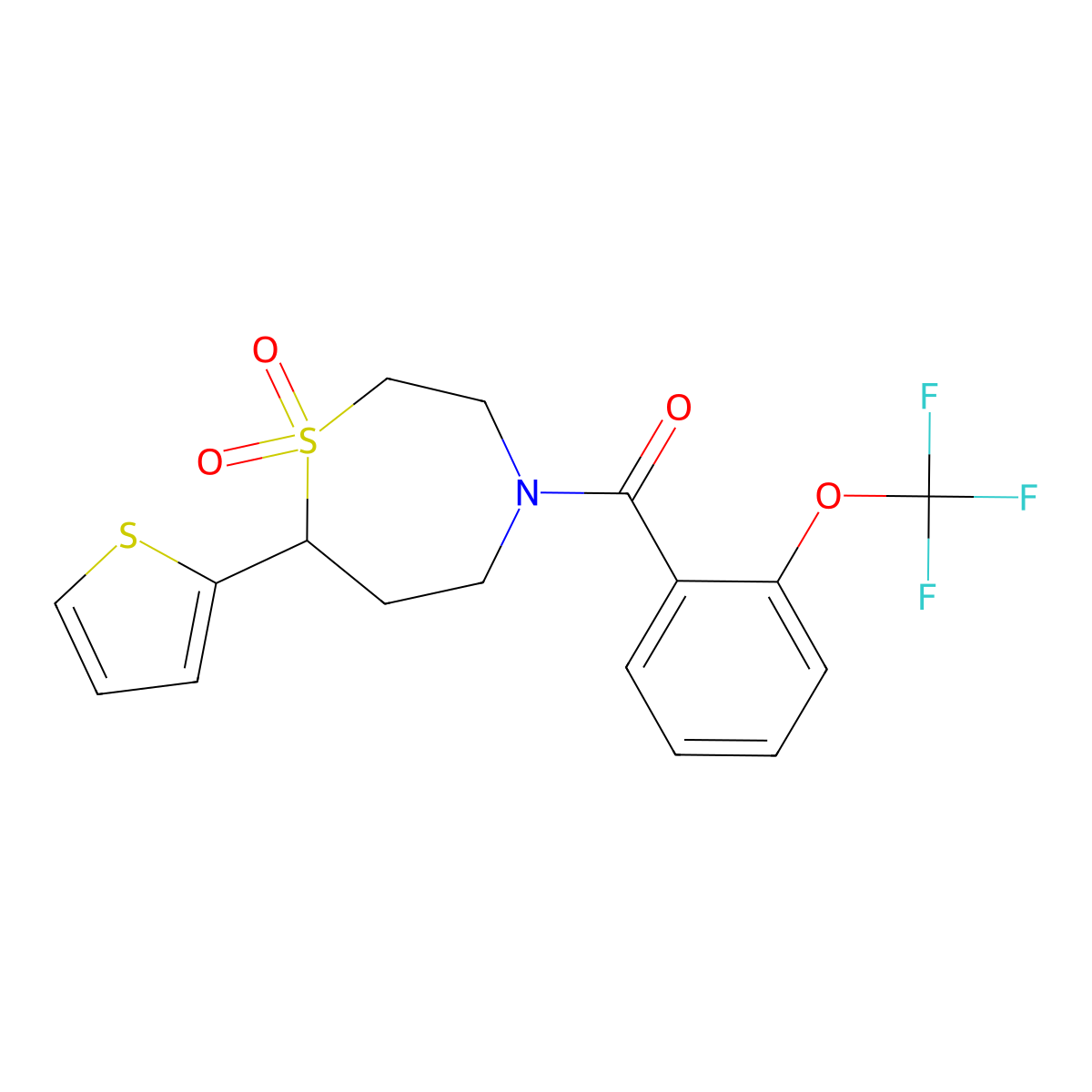 (1,1-Dioxido-7-(thiophen-2-yl)-1,4-thiazepan-4-yl)(2-(trifluoromethoxy)phenyl)methanone molecular structure, CAS 2034460-58-5