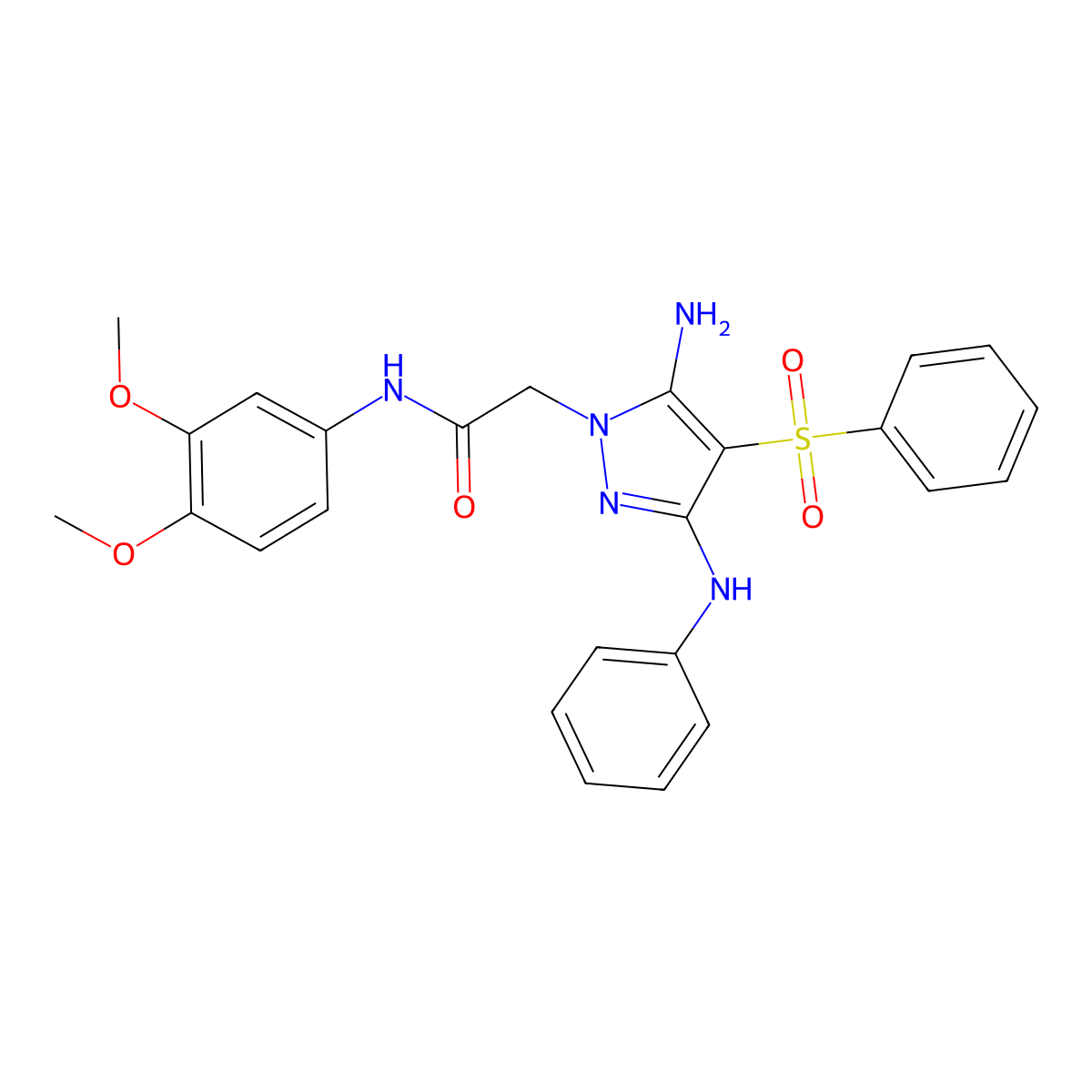 2-(5-amino-3-(phenylamino)-4-(phenylsulfonyl)-1H-pyrazol-1-yl)-N-(3,4-dimethoxyphenyl)acetamide molecular structure, CAS 2034460-67-6