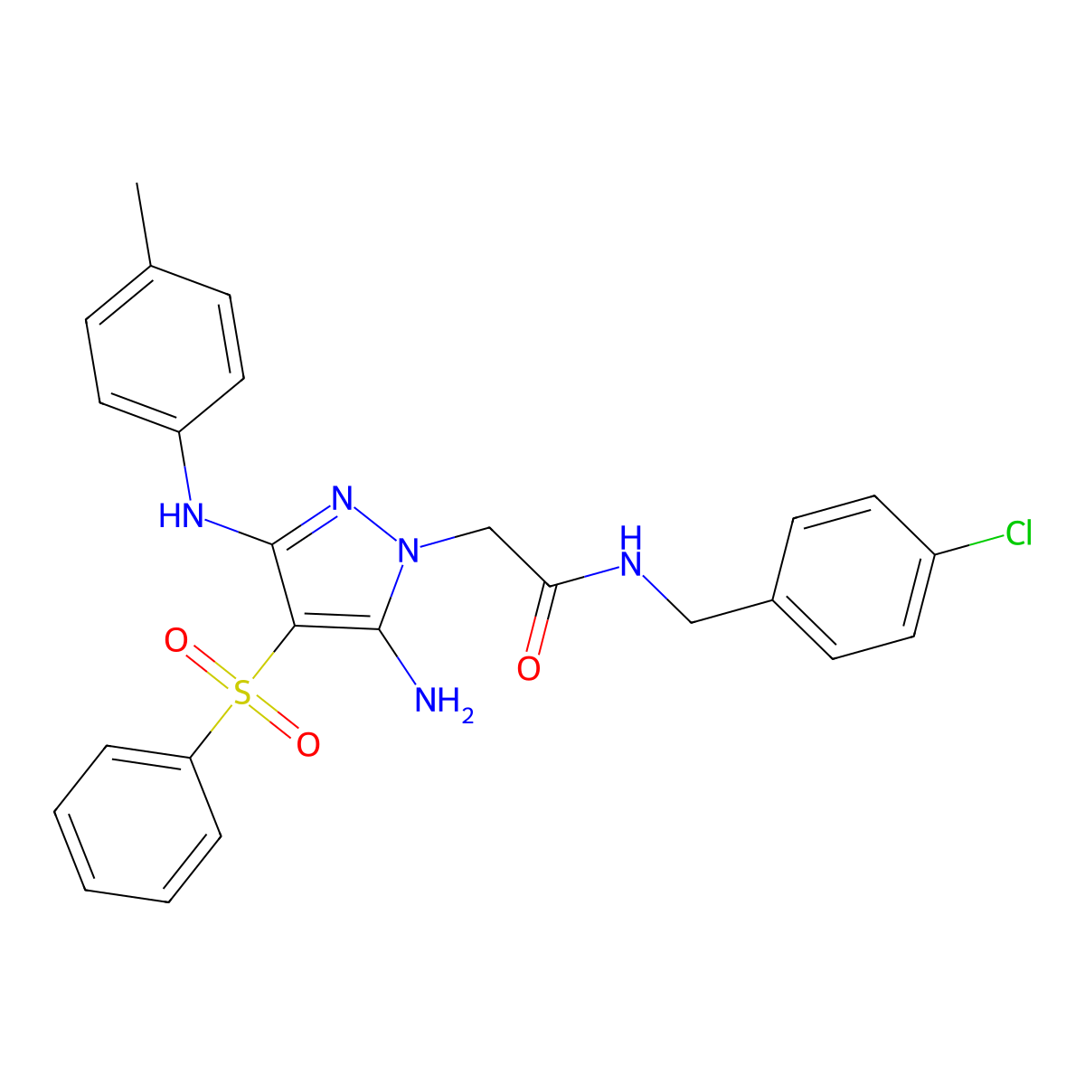 2-(5-amino-4-(phenylsulfonyl)-3-(p-tolylamino)-1H-pyrazol-1-yl)-N-(4-chlorobenzyl)acetamide molecular structure, CAS 2034460-74-5
