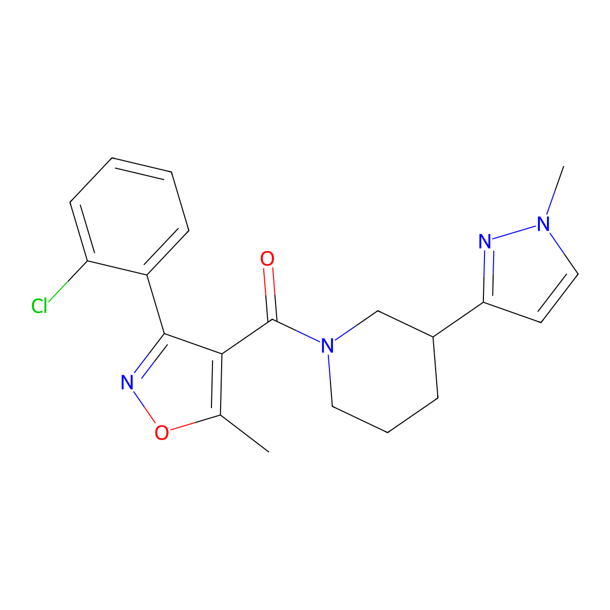 (3-(2-chlorophenyl)-5-methylisoxazol-4-yl)(3-(1-methyl-1H-pyrazol-3-yl)piperidin-1-yl)methanone molecular structure, CAS 2034460-78-9