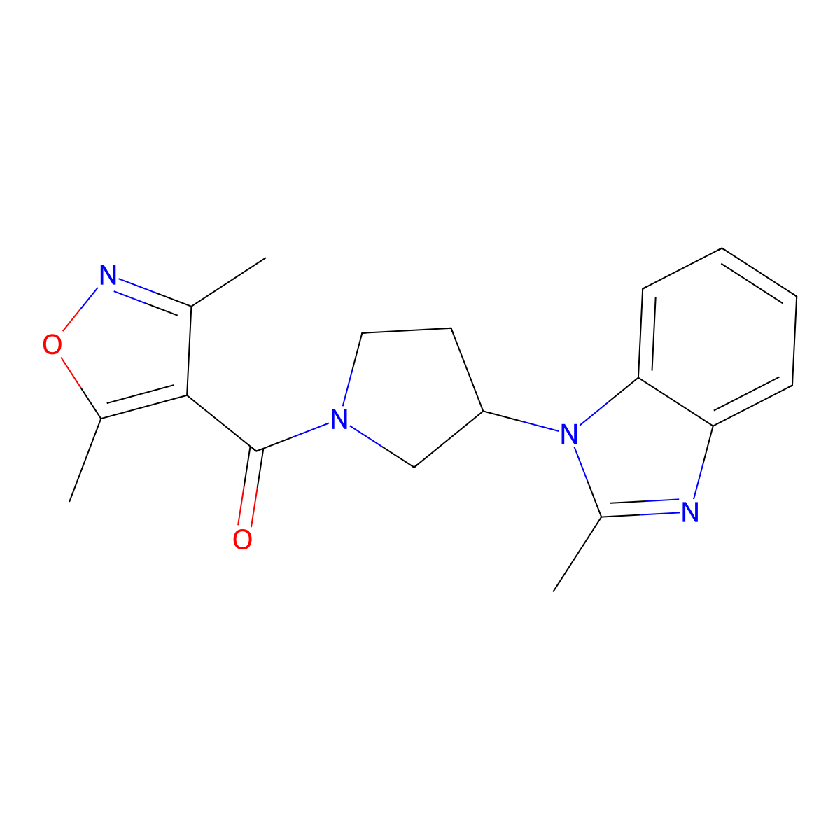 (3,5-dimethylisoxazol-4-yl)(3-(2-methyl-1H-benzo[d]imidazol-1-yl)pyrrolidin-1-yl)methanone molecular structure, CAS 2034460-90-5