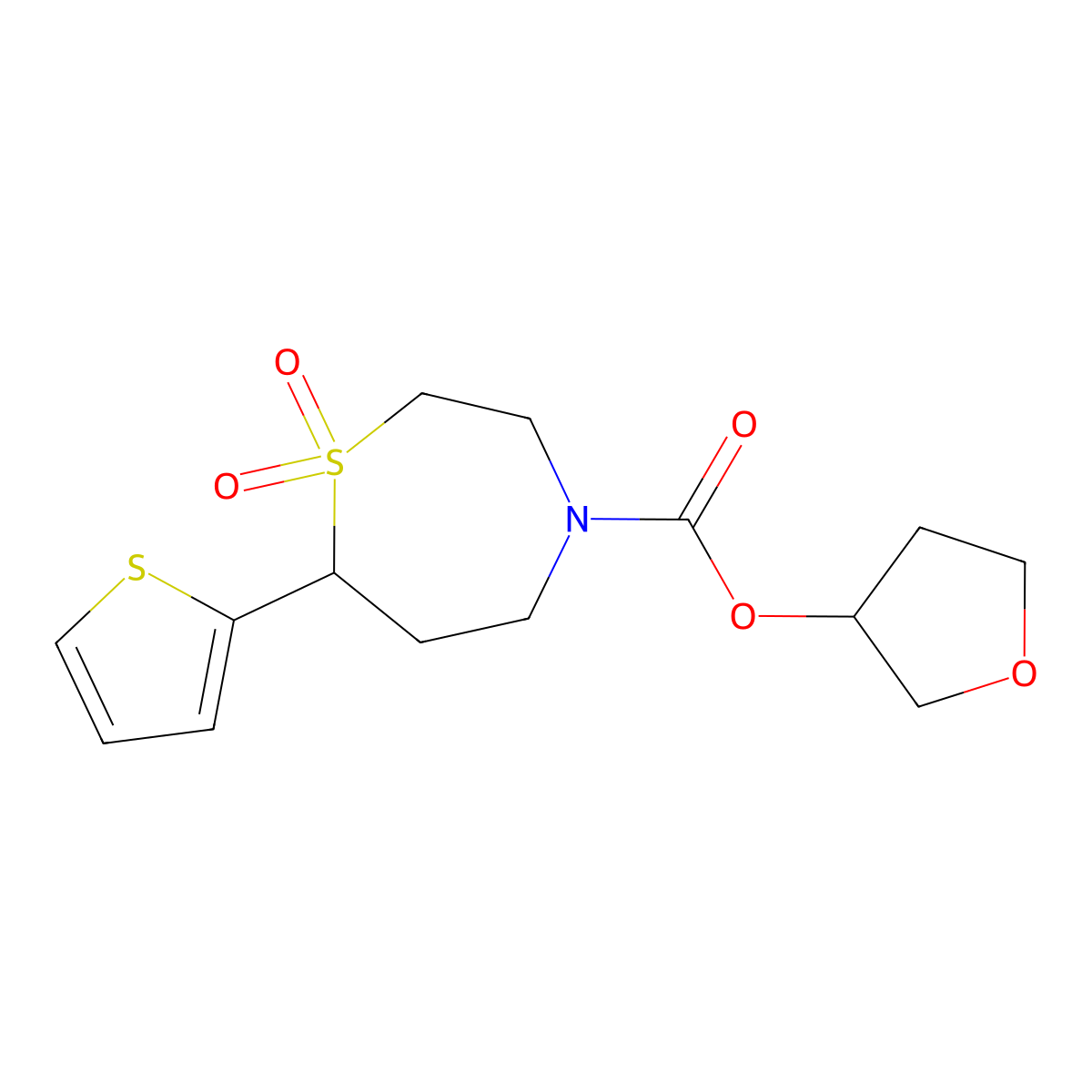 Tetrahydrofuran-3-yl 7-(thiophen-2-yl)-1,4-thiazepane-4-carboxylate 1,1-dioxide molecular structure, CAS 2034460-91-6
