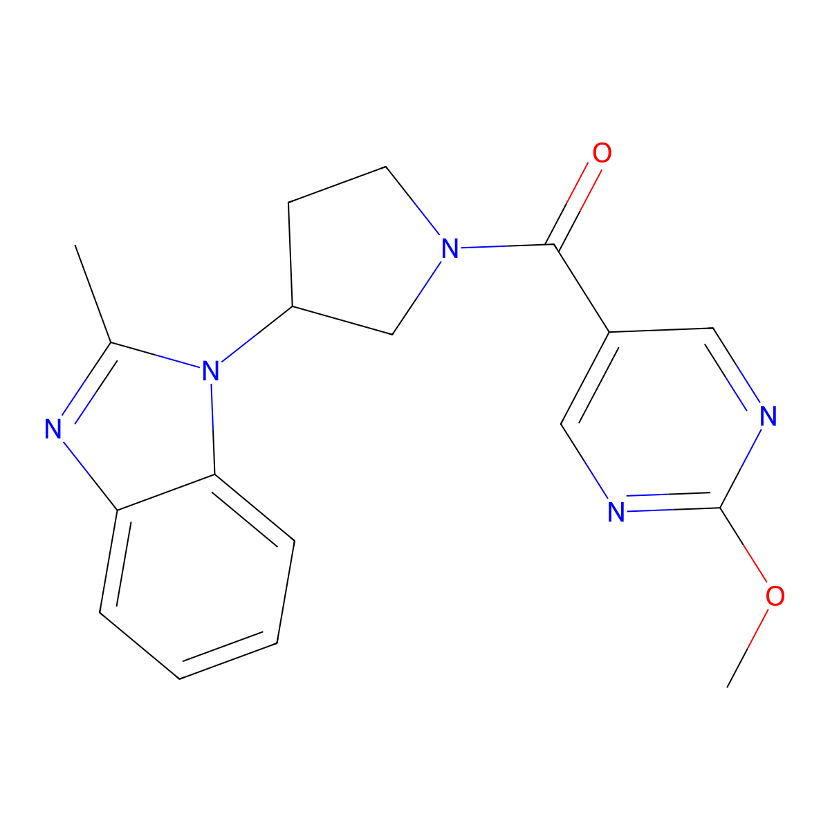 (2-methoxypyrimidin-5-yl)(3-(2-methyl-1H-benzo[d]imidazol-1-yl)pyrrolidin-1-yl)methanone molecular structure, CAS 2034461-00-0