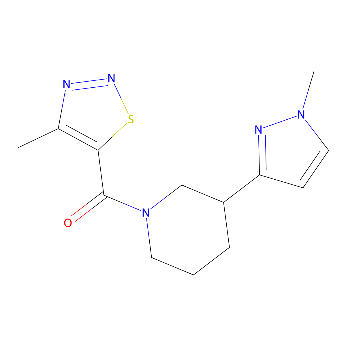 (4-methyl-1,2,3-thiadiazol-5-yl)(3-(1-methyl-1H-pyrazol-3-yl)piperidin-1-yl)methanone molecular structure, CAS 2034461-03-3