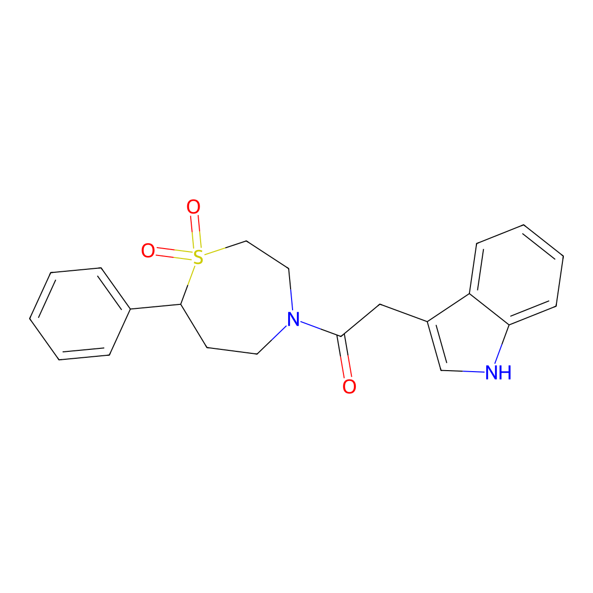 1-(1,1-dioxido-7-phenyl-1,4-thiazepan-4-yl)-2-(1H-indol-3-yl)ethanone molecular structure, CAS 2034461-07-7