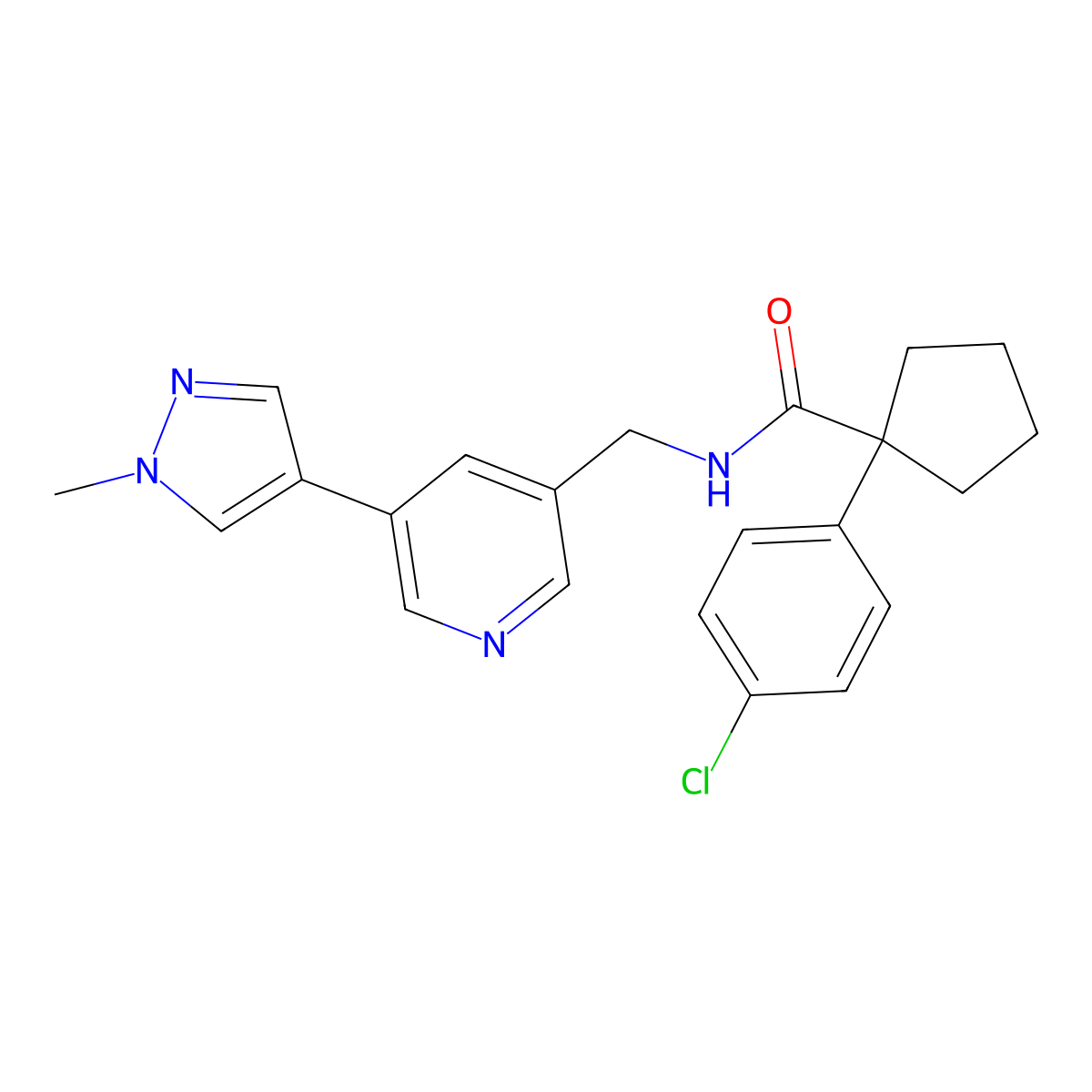 1-(4-chlorophenyl)-N-((5-(1-methyl-1H-pyrazol-4-yl)pyridin-3-yl)methyl)cyclopentanecarboxamide molecular structure, CAS 2034461-09-9