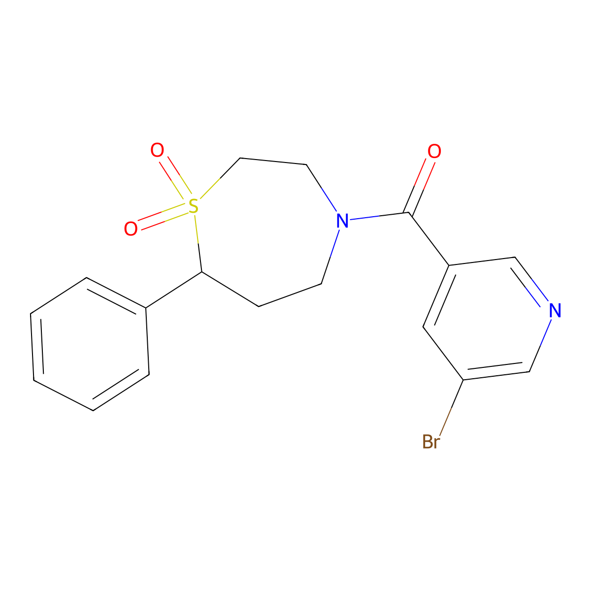 (5-Bromopyridin-3-yl)(1,1-dioxido-7-phenyl-1,4-thiazepan-4-yl)methanone molecular structure, CAS 2034461-14-6