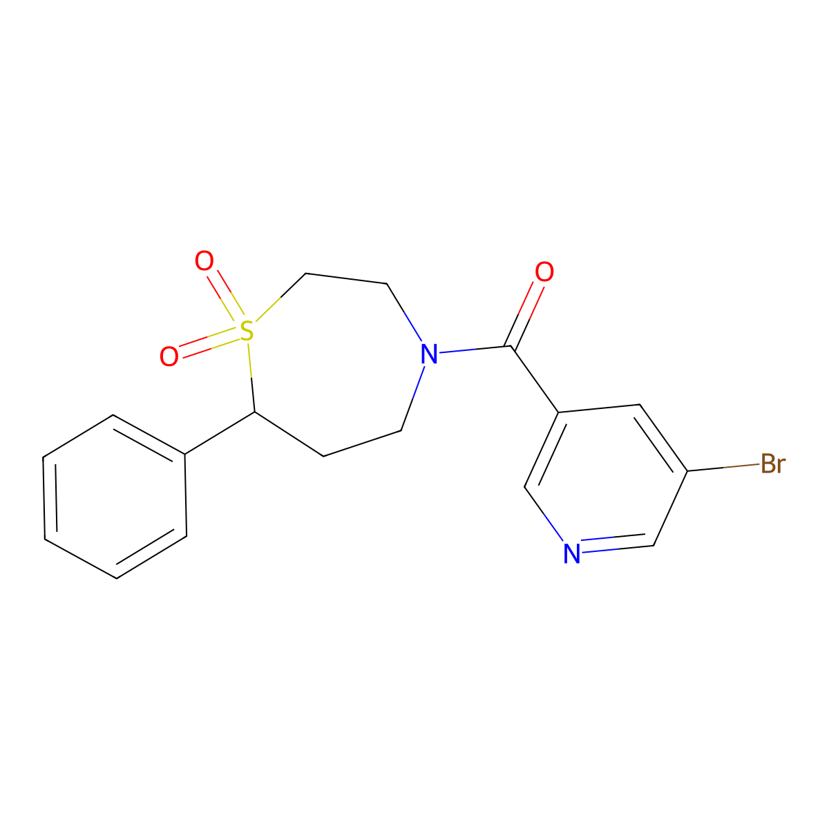 (5-Bromopyridin-3-yl)(1,1-dioxido-7-phenyl-1,4-thiazepan-4-yl)methanone molecular structure, CAS 2034461-14-6