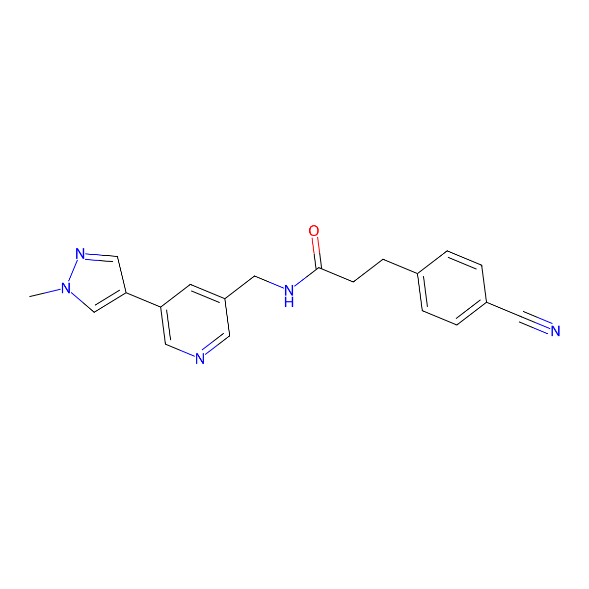 3-(4-cyanophenyl)-N-((5-(1-methyl-1H-pyrazol-4-yl)pyridin-3-yl)methyl)propanamide molecular structure, CAS 2034461-24-8