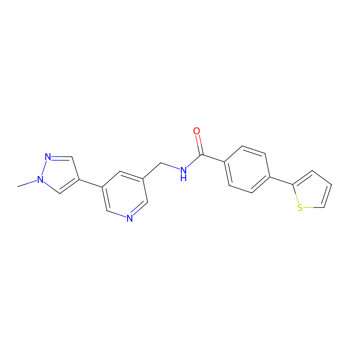 N-((5-(1-methyl-1H-pyrazol-4-yl)pyridin-3-yl)methyl)-4-(thiophen-2-yl)benzamide molecular structure, CAS 2034461-30-6