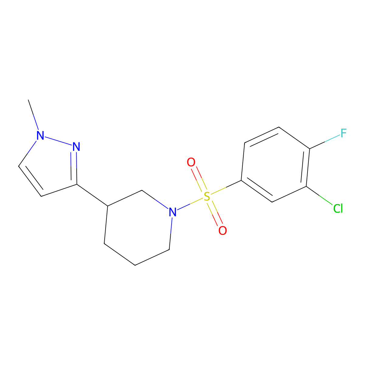 1-((3-chloro-4-fluorophenyl)sulfonyl)-3-(1-methyl-1H-pyrazol-3-yl)piperidine molecular structure, CAS 2034461-32-8
