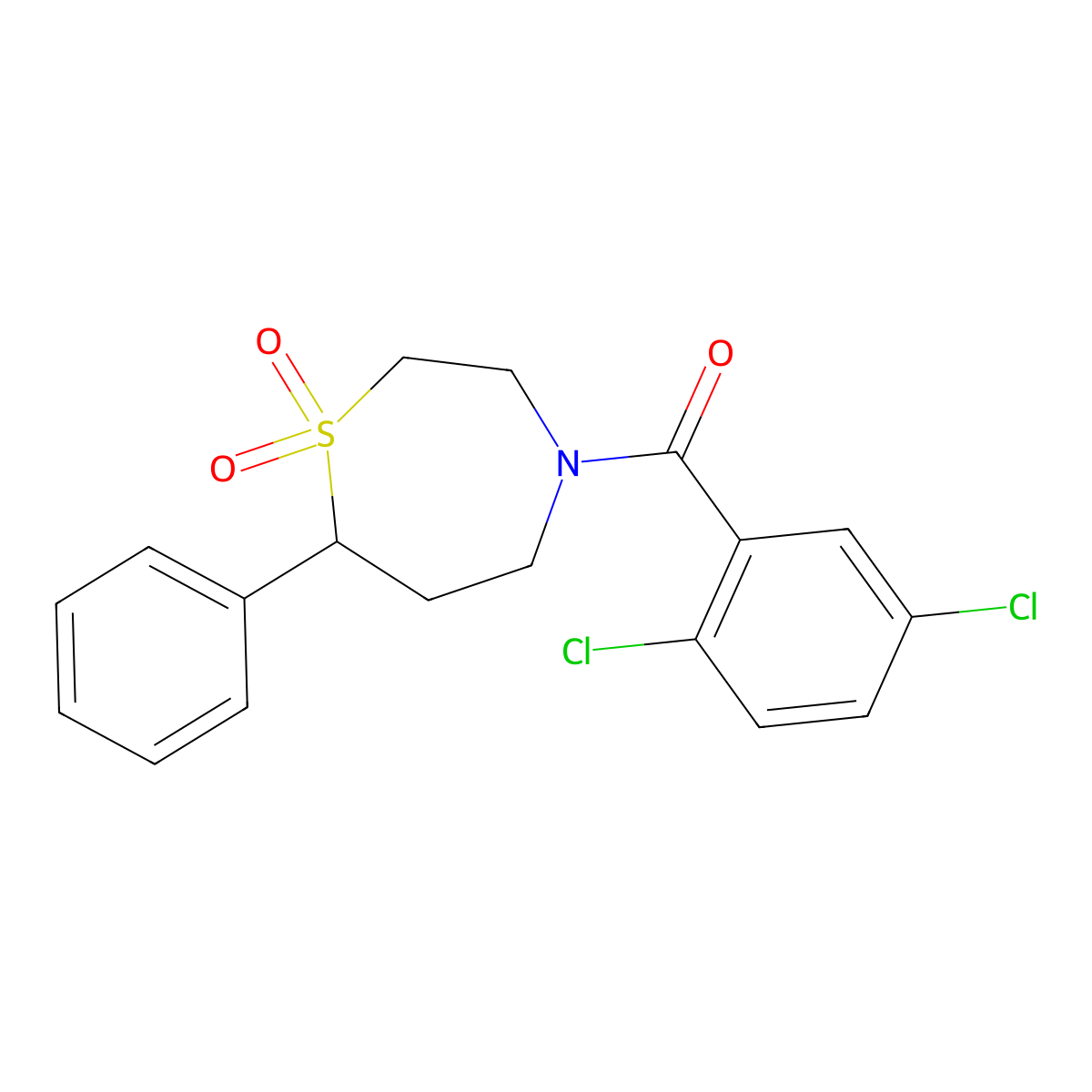 (2,5-Dichlorophenyl)(1,1-dioxido-7-phenyl-1,4-thiazepan-4-yl)methanone molecular structure, CAS 2034461-35-1