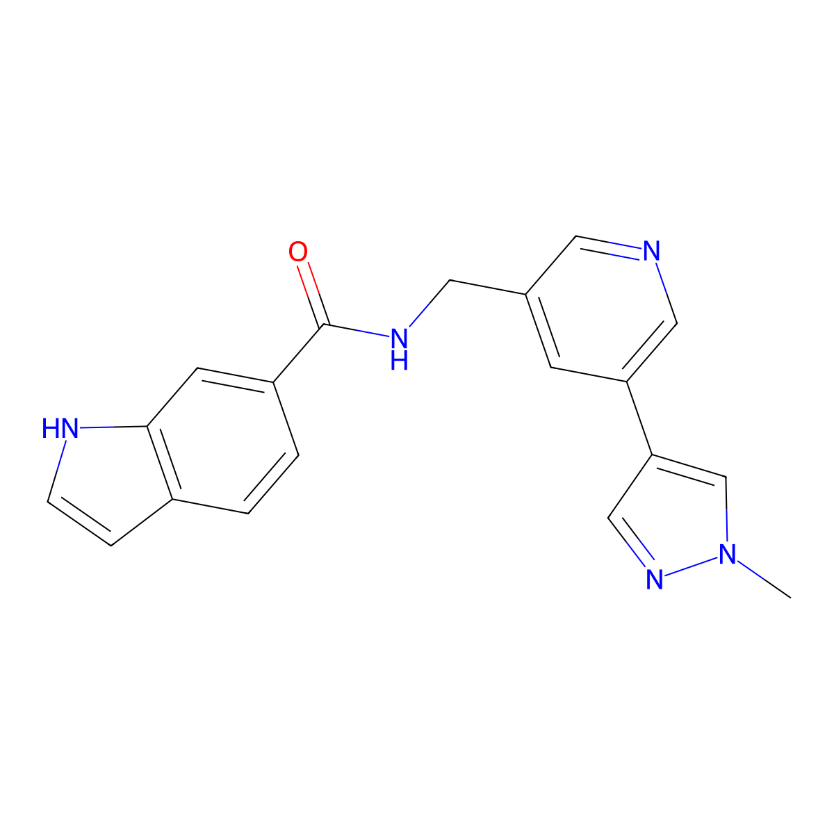N-{[5-(1-methyl-1H-pyrazol-4-yl)pyridin-3-yl]methyl}-1H-indole-6-carboxamide molecular structure, CAS 2034461-37-3