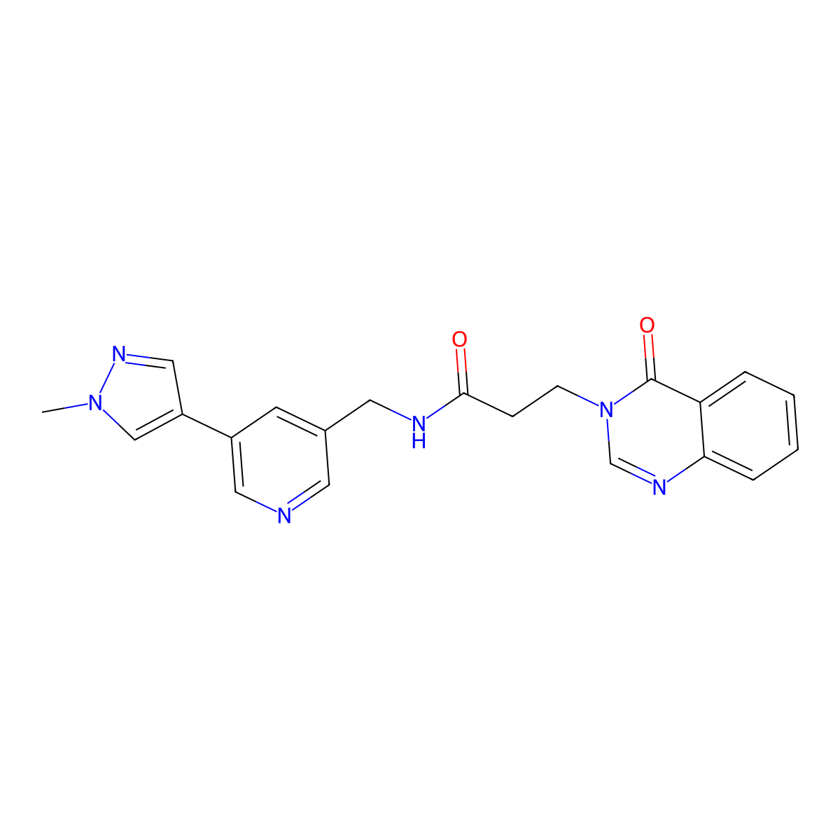 N-((5-(1-methyl-1H-pyrazol-4-yl)pyridin-3-yl)methyl)-3-(4-oxoquinazolin-3(4H)-yl)propanamide molecular structure, CAS 2034461-49-7