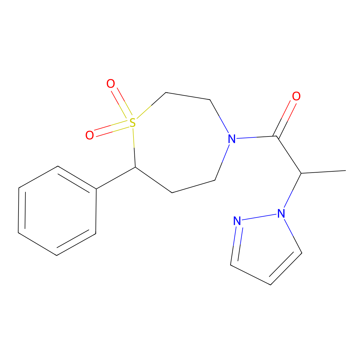 1-(1,1-dioxido-7-phenyl-1,4-thiazepan-4-yl)-2-(1H-pyrazol-1-yl)propan-1-one molecular structure, CAS 2034461-55-5