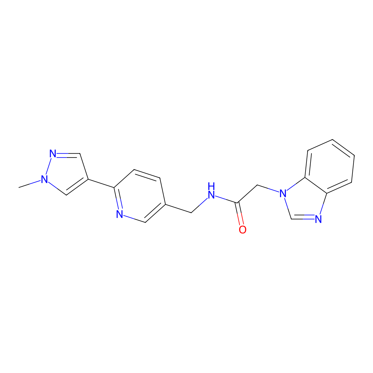 2-(1H-benzo[d]imidazol-1-yl)-N-((6-(1-methyl-1H-pyrazol-4-yl)pyridin-3-yl)methyl)acetamide molecular structure, CAS 2034461-58-8