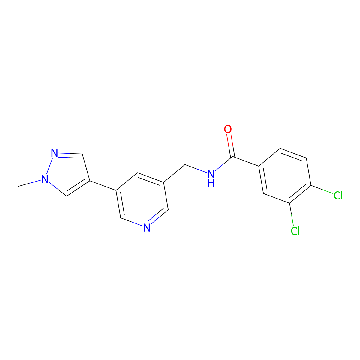 3,4-dichloro-N-((5-(1-methyl-1H-pyrazol-4-yl)pyridin-3-yl)methyl)benzamide molecular structure, CAS 2034461-65-7