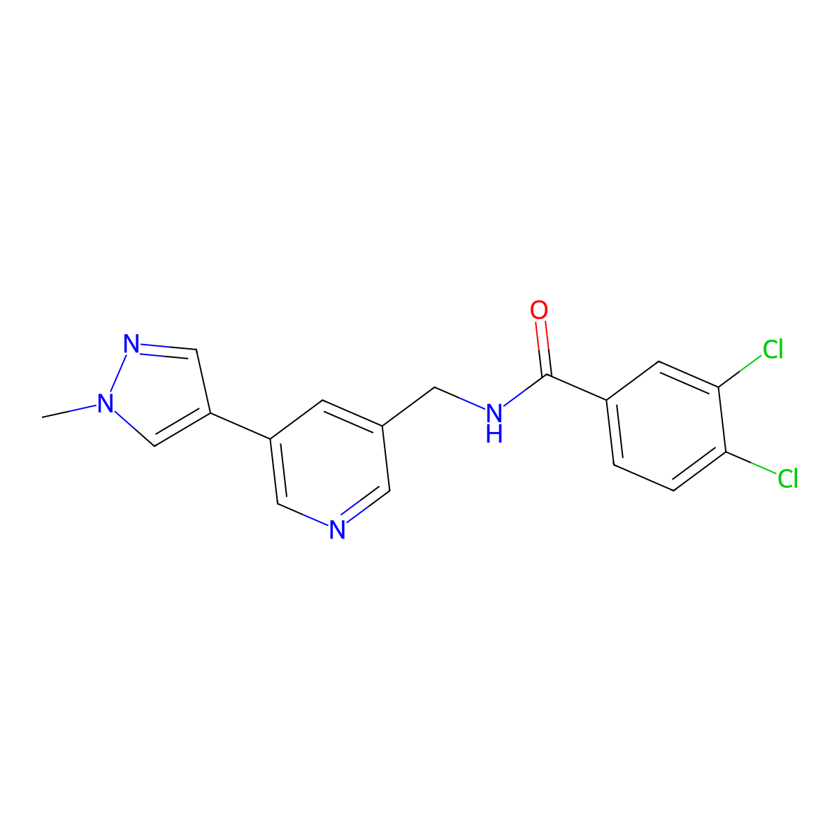 3,4-dichloro-N-((5-(1-methyl-1H-pyrazol-4-yl)pyridin-3-yl)methyl)benzamide molecular structure, CAS 2034461-65-7