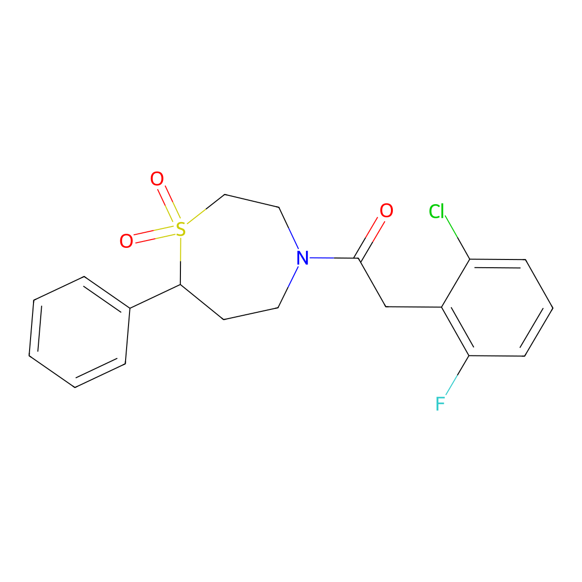 2-(2-Chloro-6-fluorophenyl)-1-(1,1-dioxido-7-phenyl-1,4-thiazepan-4-yl)ethanone molecular structure, CAS 2034461-66-8
